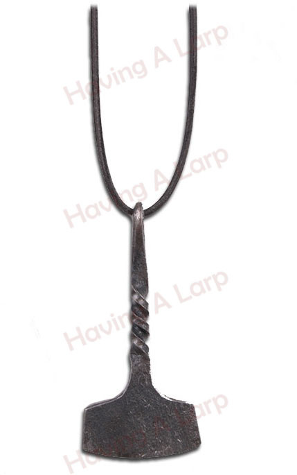 Hammer pendant, made of wrought iron and shaped like a war hammer.

It comes with a robust thong that can be used to wear it as a necklace or to tie it onto belts and pouches for decoration.