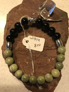 Synthetic Opalite Charity Bracelet - Green Jade, Black Onyx, with Silver Feather
