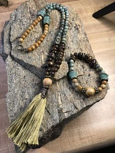 Bronzite Jasper, African Turquoise, Green Adventurine, Green Tassel Necklace & Bracelet Set