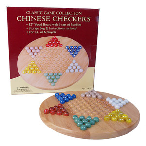 Wood board (12” diameter and ¾” thick).  6 sets of 10 different colored marbles.  For 2, 4, or 6 players.