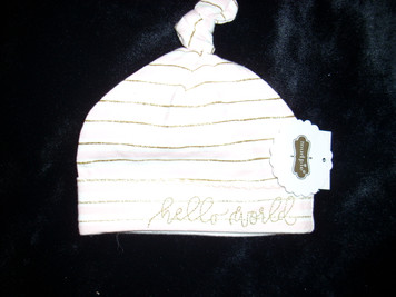 Hello World Pink/Gold Striped Newborn Cap