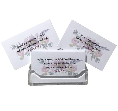 The original set consisting of a variety of scripture on a beautiful floral watercolor design available without personalization.
• 50 Cards Per Set
• Wrapped in a Cello Bag with Ribbon