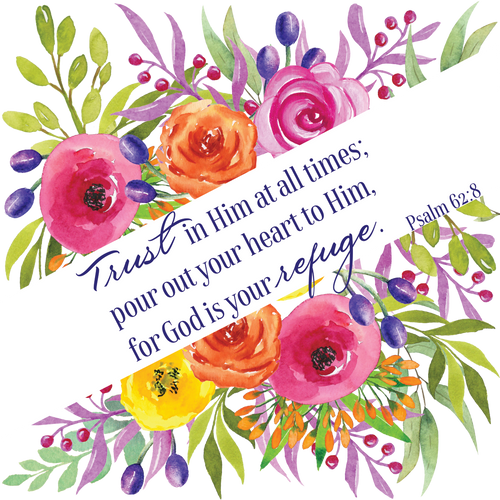 Beautiful Bright Floral Design Mirror Cling designed to move to any glass surface over and over again to remind you to Trust in Him.  Perfect for bathroom mirrors or dorm room windows.  These clings are 4" x 4" in size and make a great gift. Try adding one in a card when mailing.  