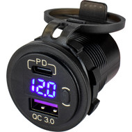 Sea-Dog Round USB & USB-C Power Socket w/Hidden Voltmeter 426518-1 Boat Marine