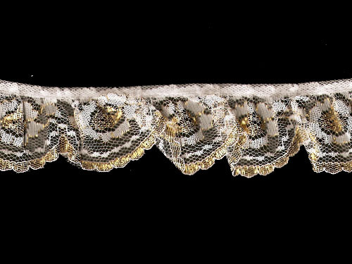 select color/ Lovely-Gold-with-white-ruffled-lace-trim = PRICE  FOR 1 YARD=