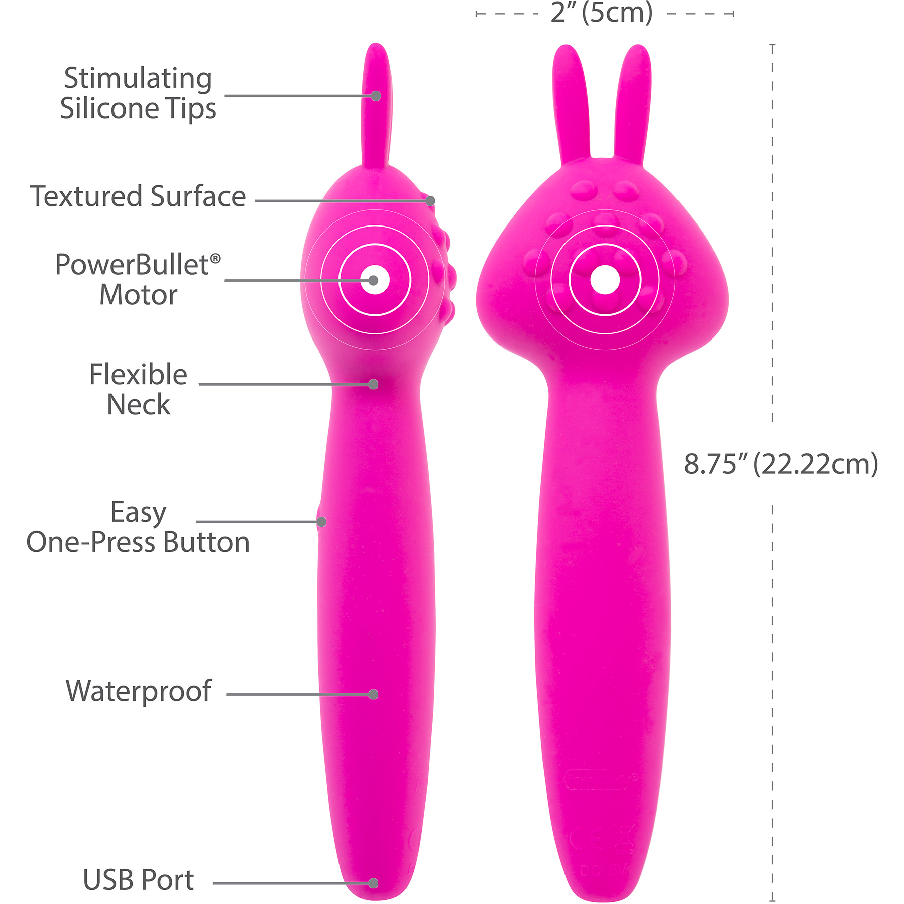 PalmPower Vibez Rechargeable Waterproof Wand Vibrator With Rabbit Ears - Detail