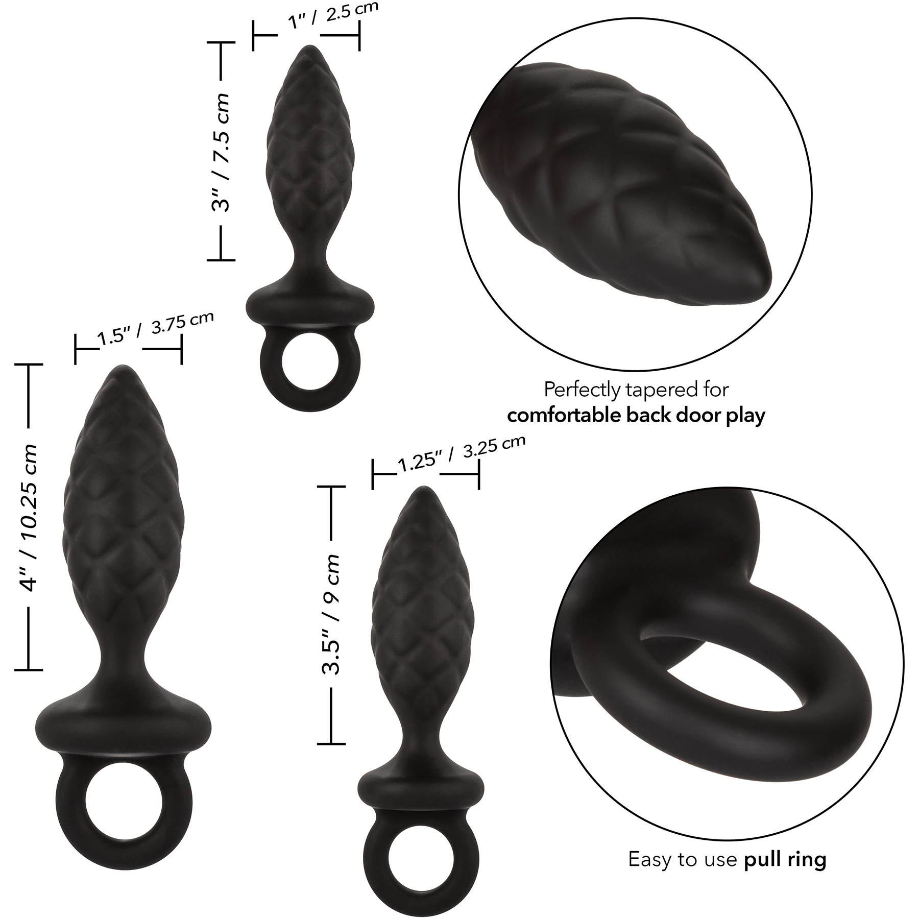 Silicone Anal Probe Training Kit, Set of 3 By CalExotics - Measurements