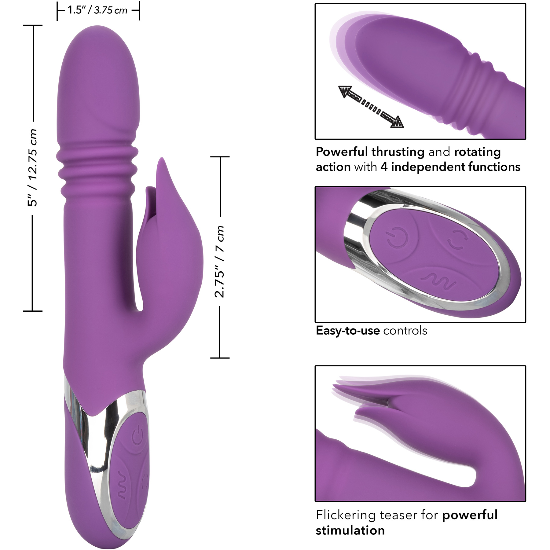 Enchanted Kisser Silicone Rechargeable Thrusting Rotating Dual Stimulation Vibrator - Measurements