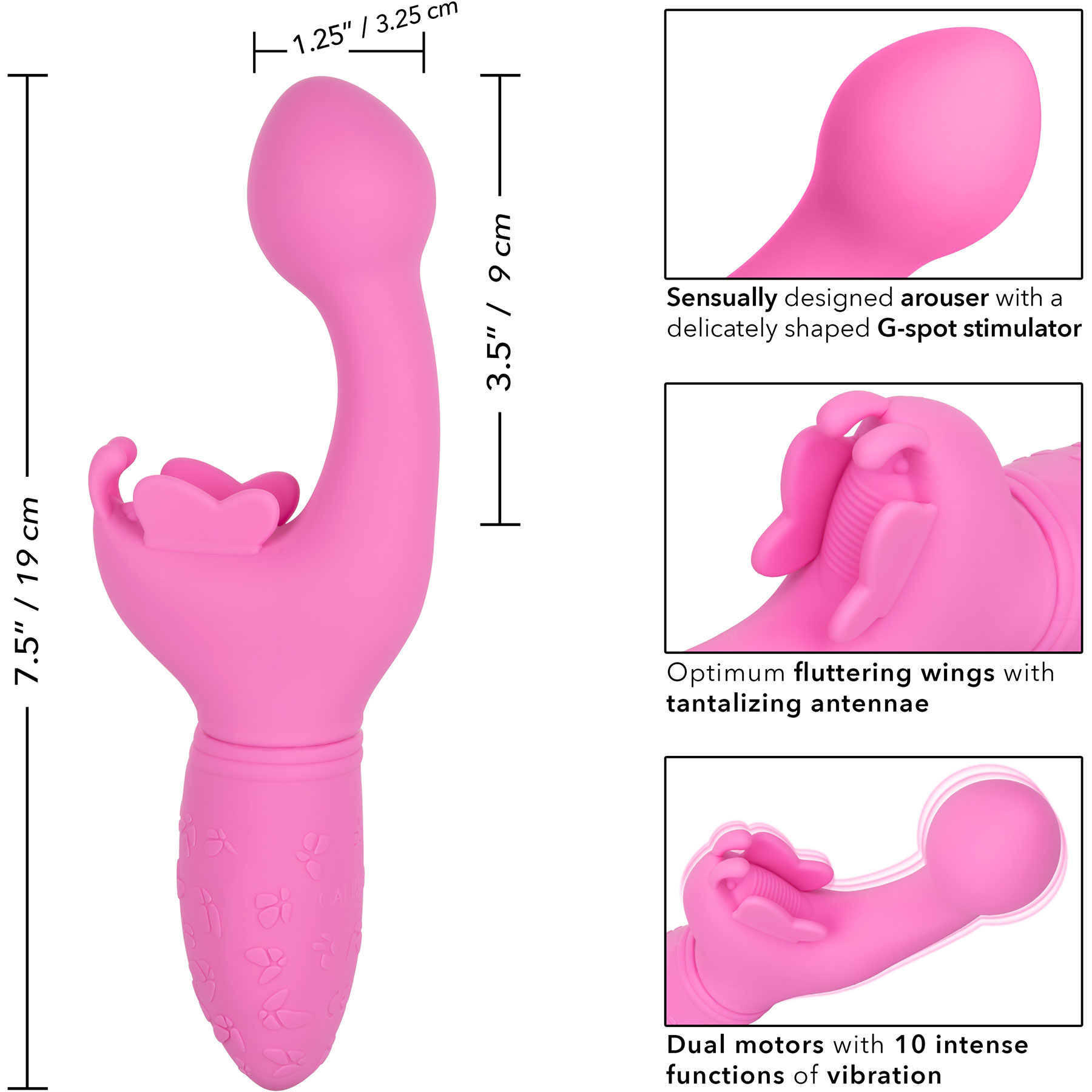 Butterfly Kiss Silicone Rechargeable Waterproof Dual-Stimulation Vibrator - Measurements