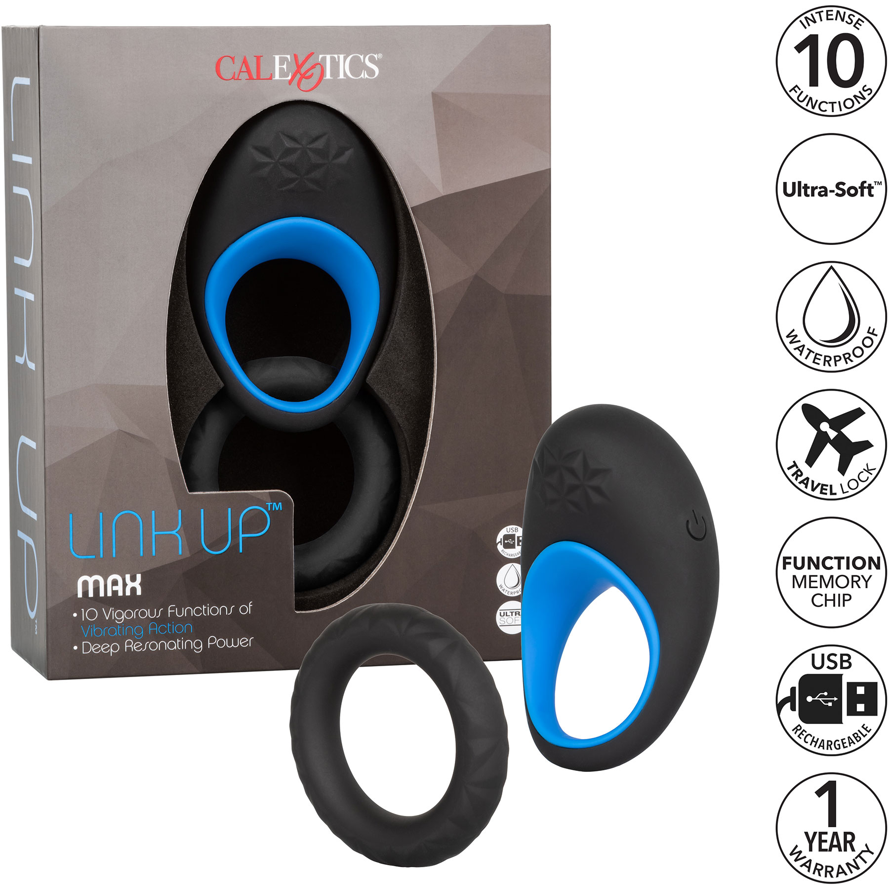 Link Up Max Silicone Rechargeable Vibrating Cock Ring - Box & Features