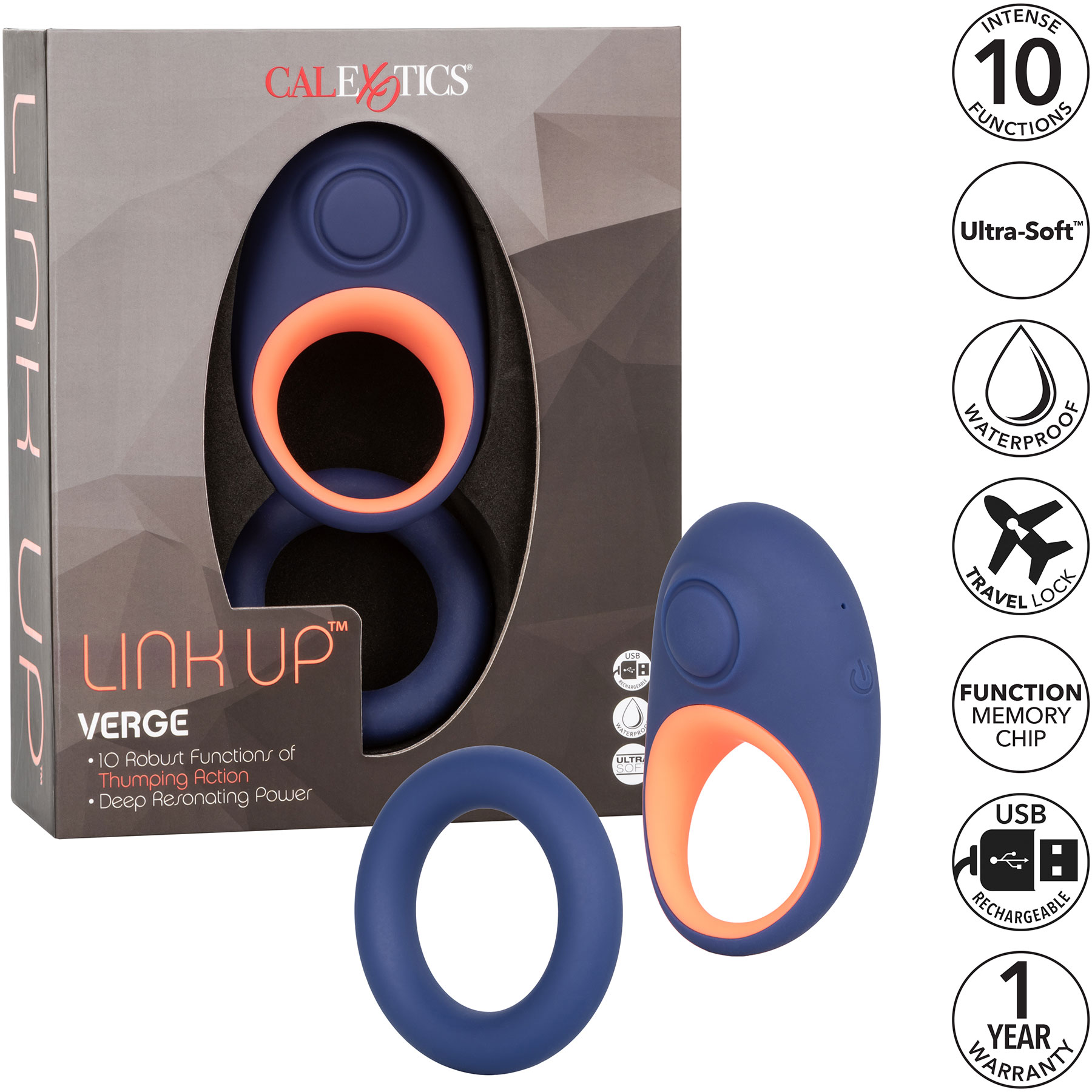 Link Up Verge Silicone Rechargeable Vibrating Cock Ring - Box & Features