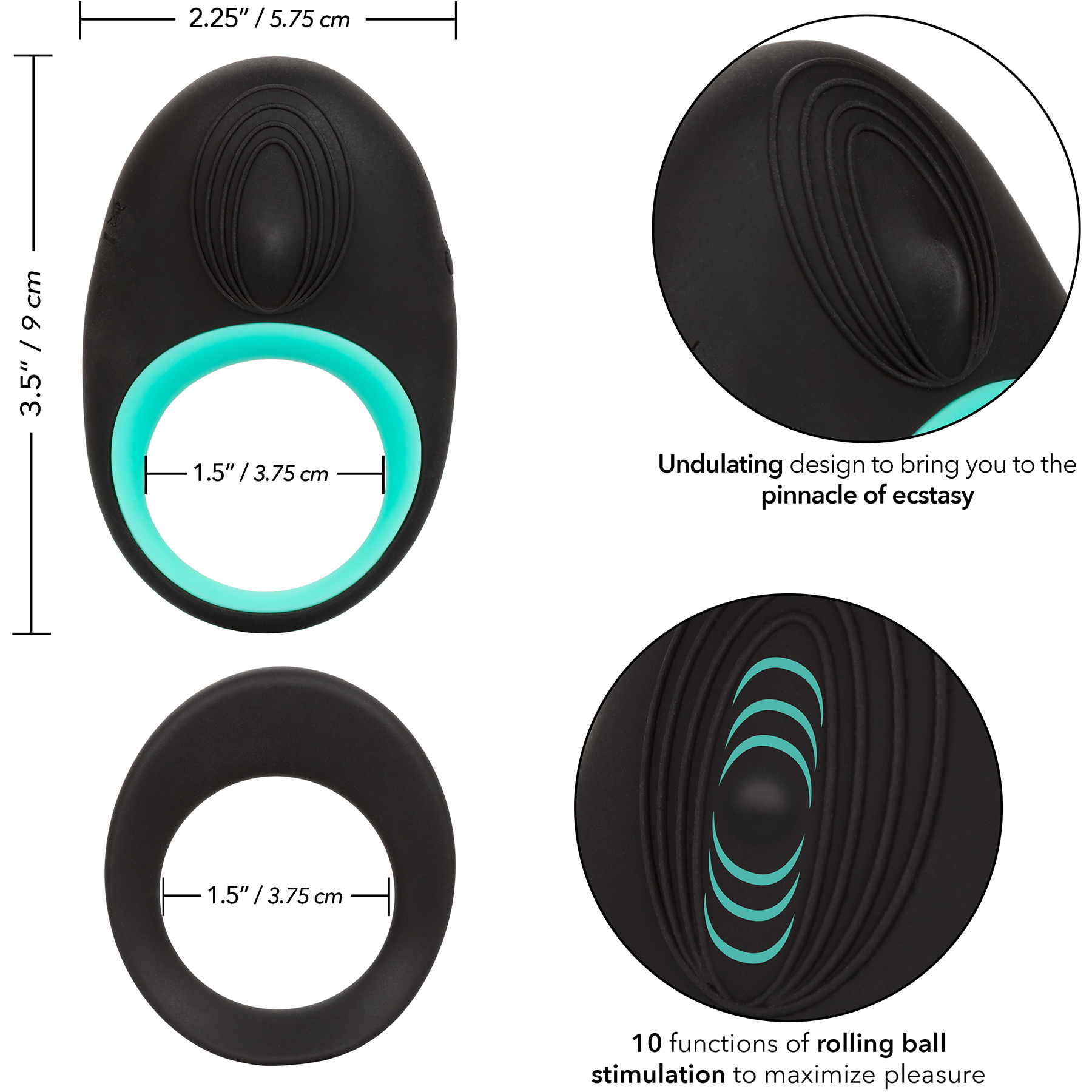 Link Up Pinnacle Silicone Rechargeable Rolling Pleasure Ball Cock Ring - Measurements
