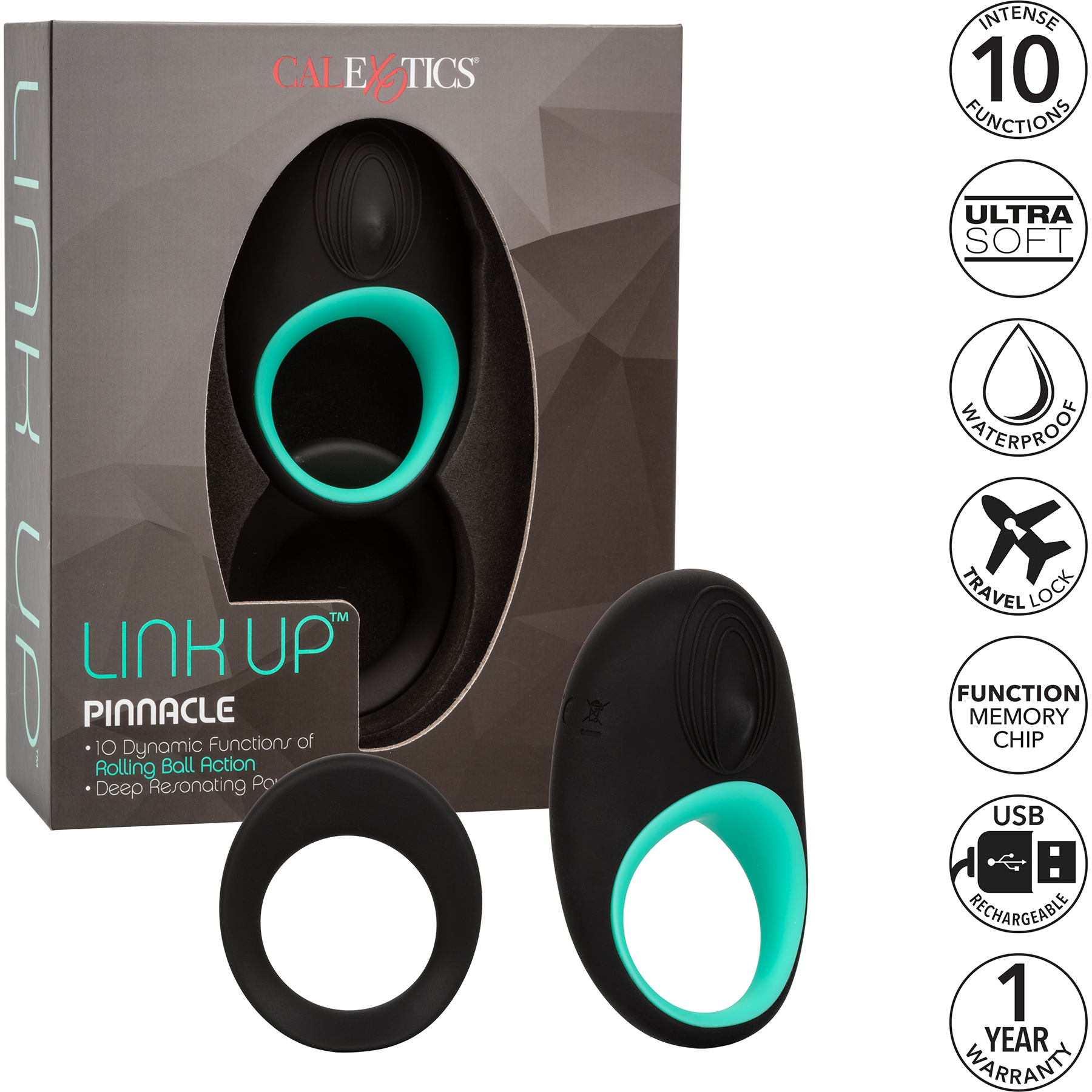 Link Up Pinnacle Silicone Rechargeable Rolling Pleasure Ball Cock Ring - Box & Features