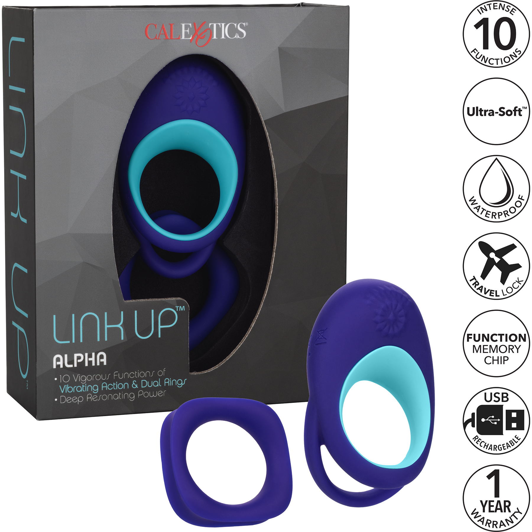 Link Up Alpha Silicone Rechargeable Vibrating Cock Ring - Box & Features