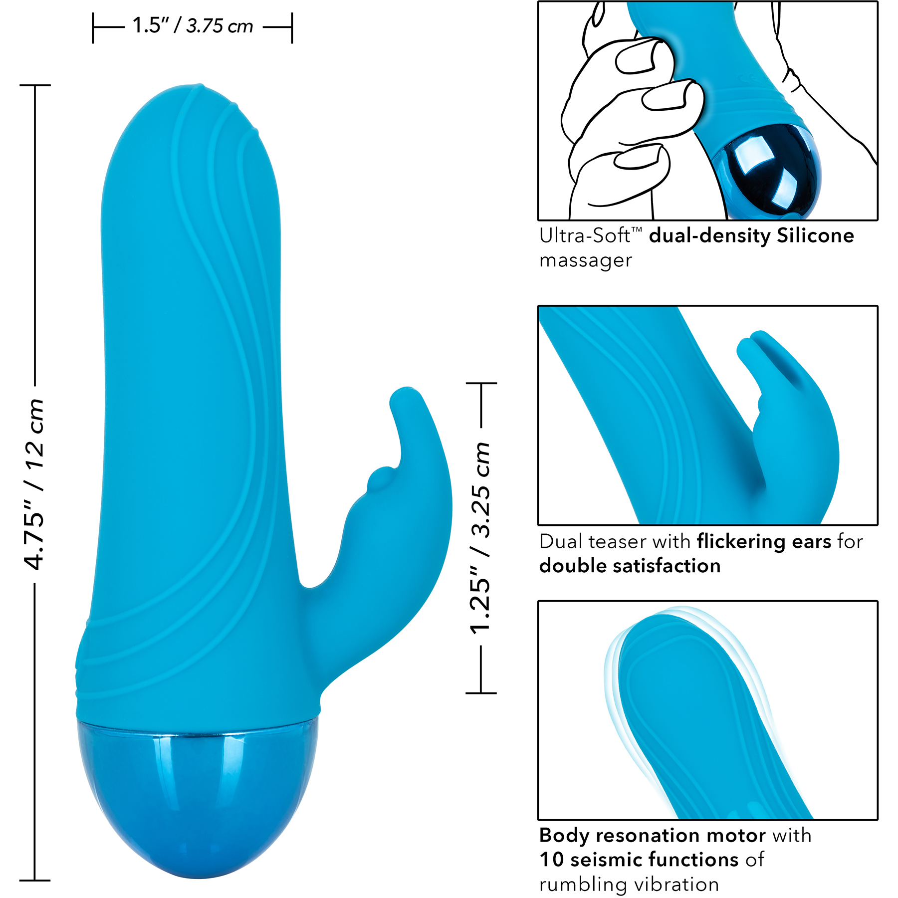 Tremble Please Waterproof Rechargeable Silicone Seismic Rabbit Style Vibrator - Measurements