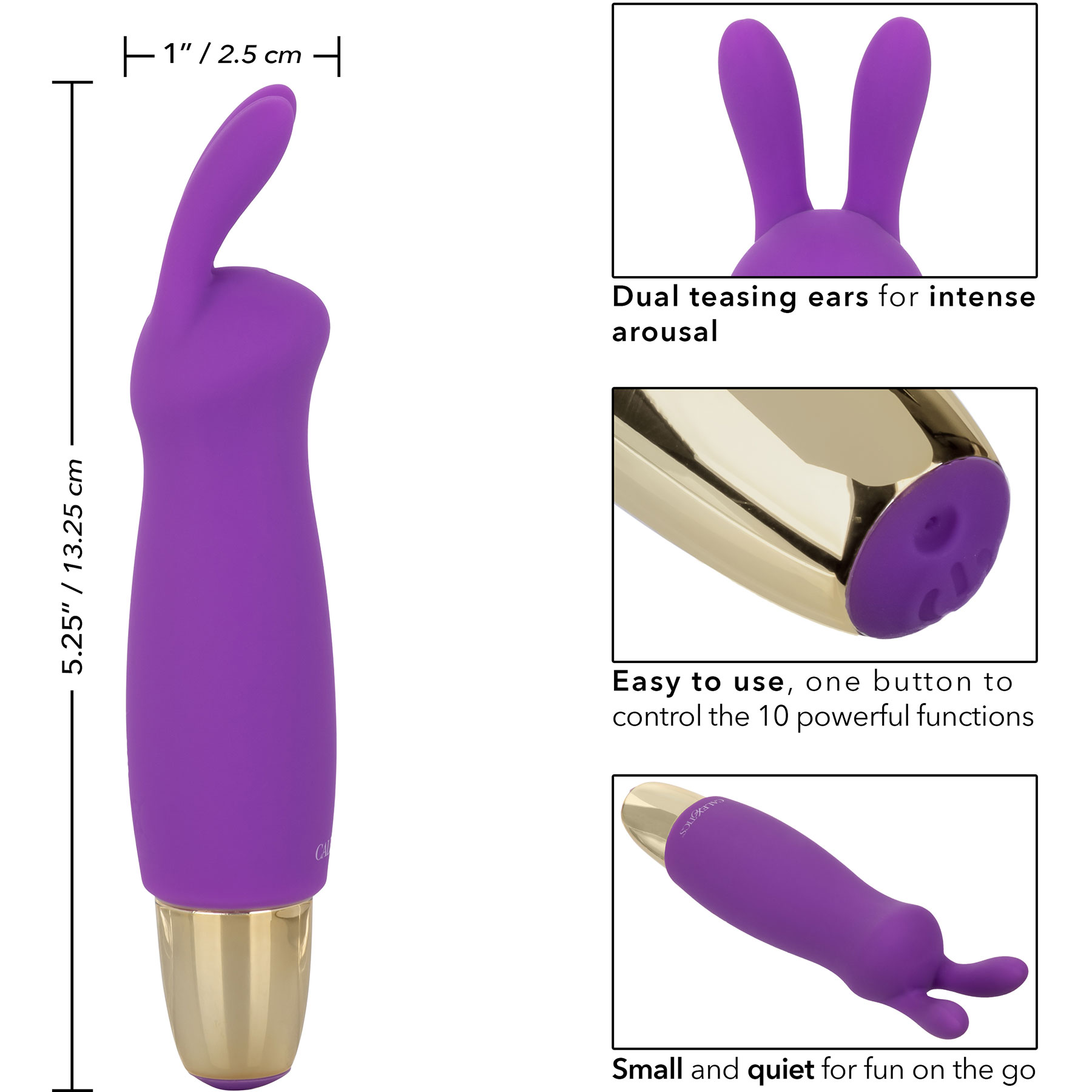 Slay #BuzzMe Silicone Waterproof Rabbit Ears Clitoral Vibrator By CalExotics - Measurements