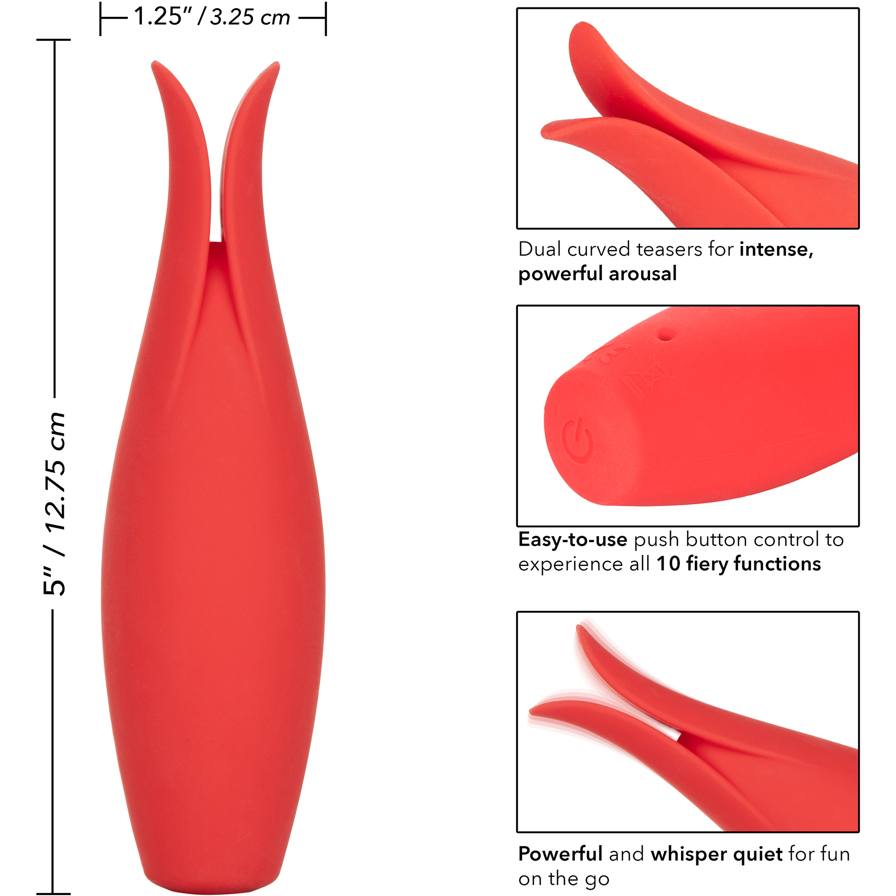 Red Hot Fury Silicone Rechargeable Clitoral Vibrator - Measurements