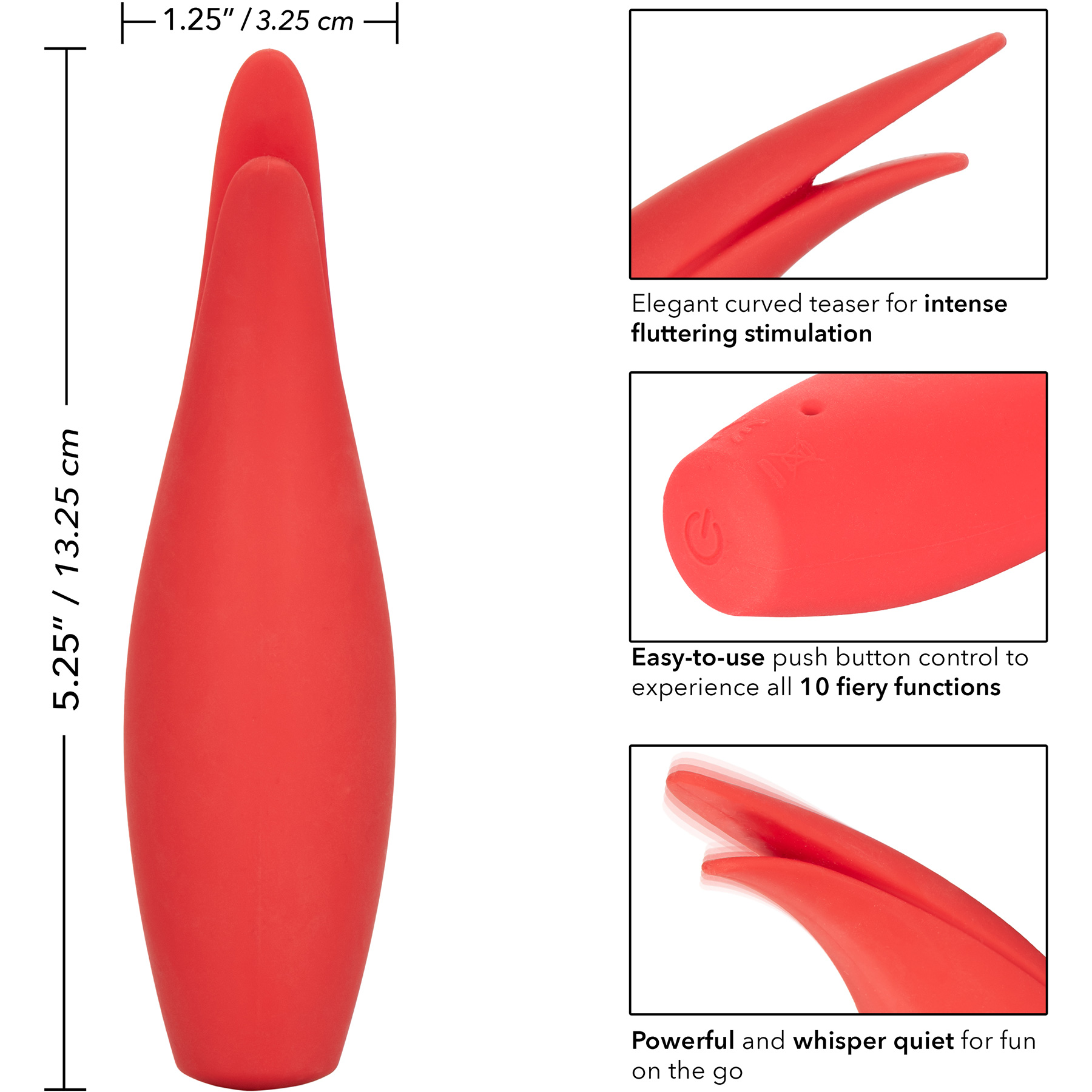 Red Hot Sizzle Silicone Rechargeable Clitoral Vibrator - Measurements