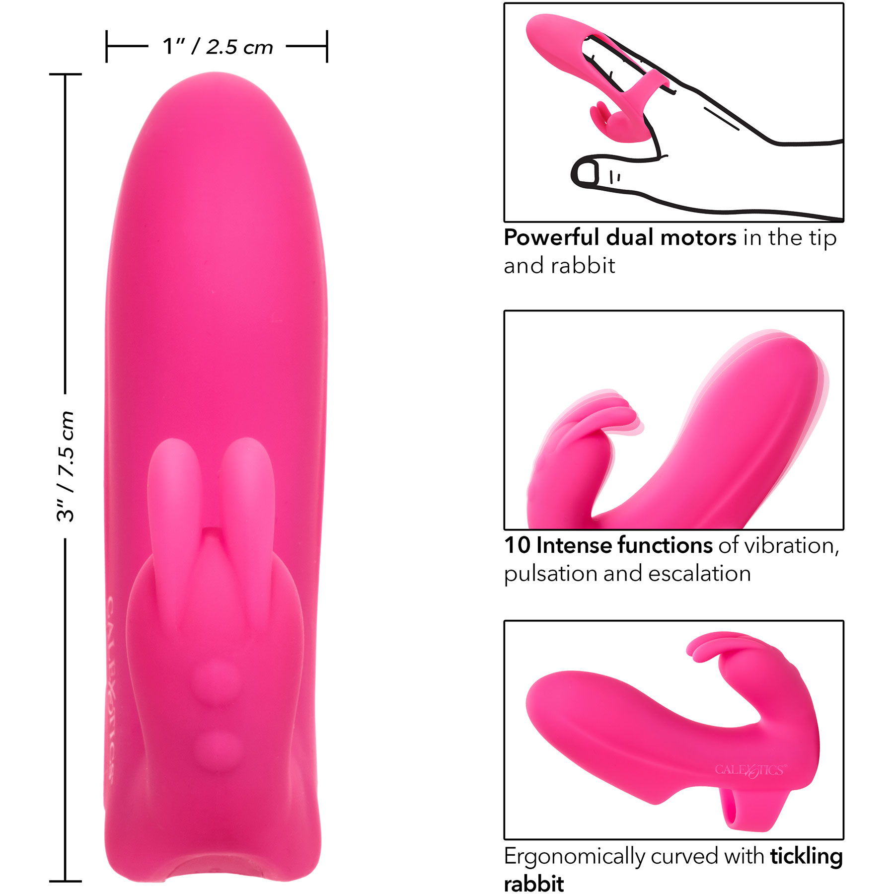 Mini Marvels Marvelous Pleaser Silicone Rechargeable Rabbit Finger Vibrator By CalExotics - Measurements