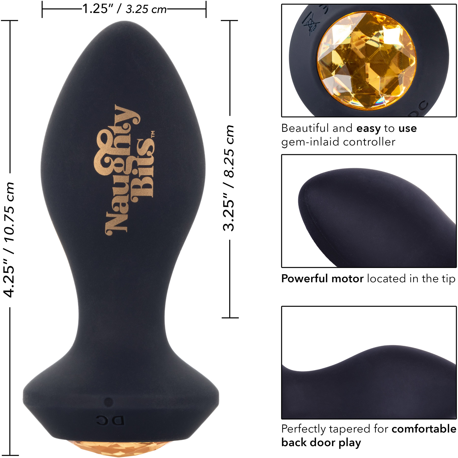 Naughty Bits Shake Your Ass Silicone Rechargeable Petite Vibrating Butt Plug - Measurements