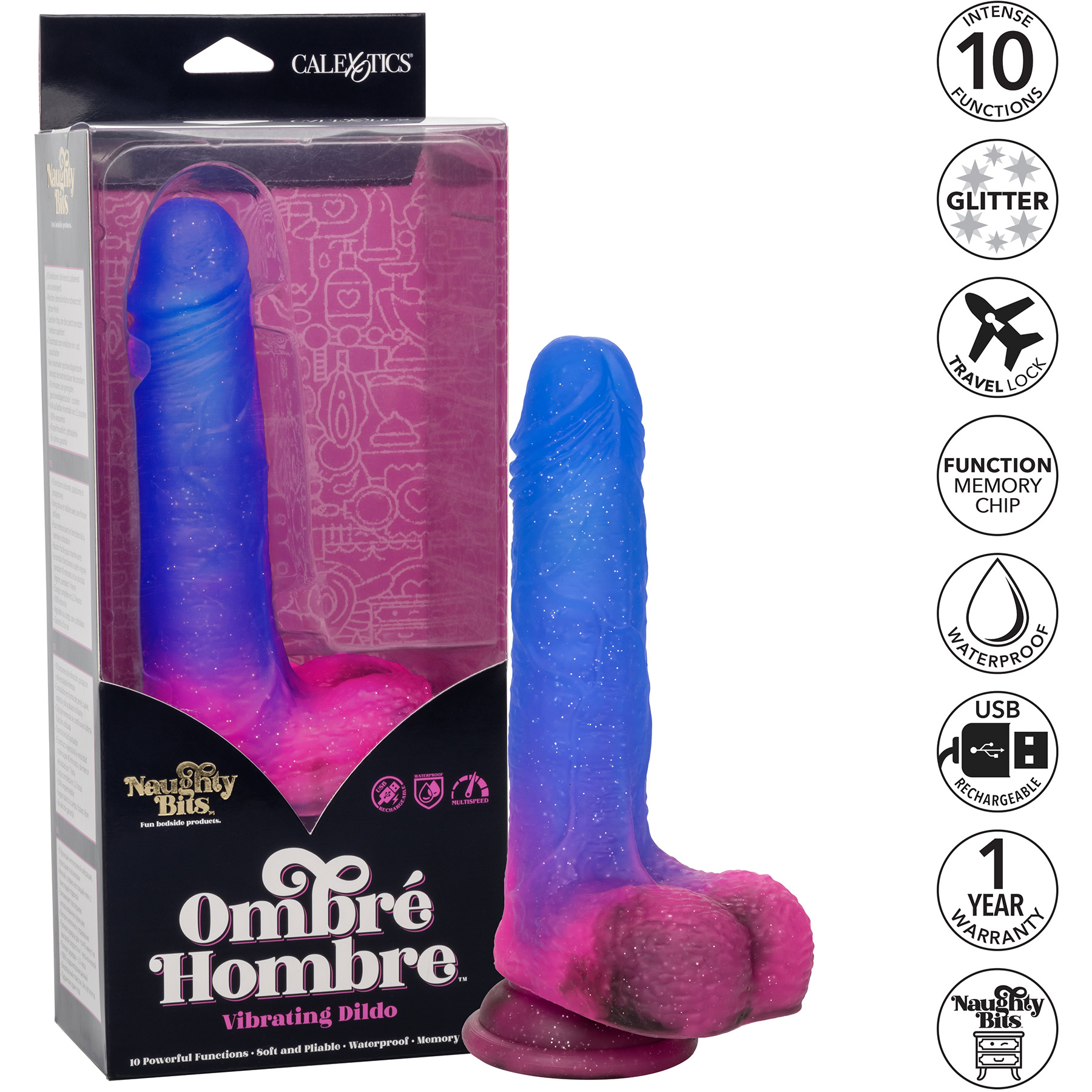 Naughty Bits Ombré Hombre Silicone Vibrating Suction Cup Dildo - Packaging