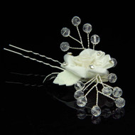 1 White Fabric Flower With Rhinestones And Beads Bridal Wedding Hair Pin