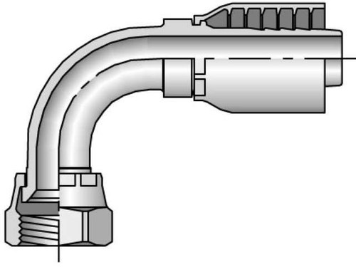 Parker 13943-6-4 Parkrimp 43 Series Permanent Female 3/8 JIC 37° Swivel Elbow 90° Short Drop X 1/4 Hose Steel