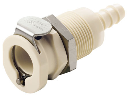 Colder PLCD1600412 Valved Panel Mount Coupling Body 1/4 Hose Barb 120 PSI Polypropylene Almond