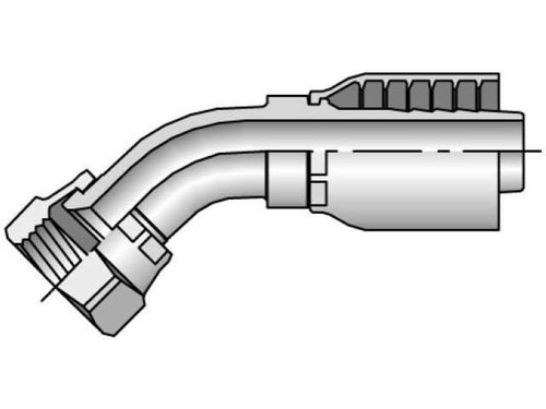 Parker 13743-24-24 Parkrimp 43 Series Permanent Female 1-1/2 JIC 37° Swivel Elbow 45° Short Drop X 1-1/2 Hose Steel