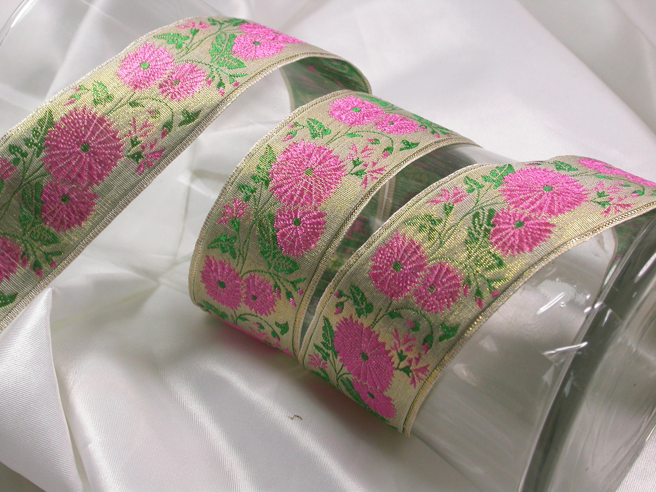 Jacquard Ribbon 1 1/2" Metallic Gold & Pink Floral PATCHWORK PANDA LLC