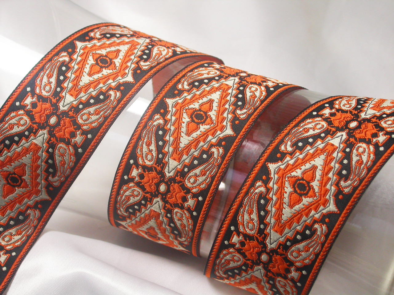 Jacquard Ribbon 1 9/16" (40mm) Orange Black & Tan Remnant Lengths