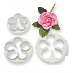 The rose five petal cutters is made out of plastic. The rose five petal cutter can be use on icing to create a rose which can be use to decorate the cake. The cutters comes in a set of three. The measurement for five petal cutter is 57mm 65mm and 75mm. 