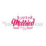 Just Married. Designs size is 2.53 x 2.19".  Overall stencil size approximately 5.5" x 5.5". PINK sections in image are the open sections. Stencils are 5mil Food Grade plastic, washable and reusable.