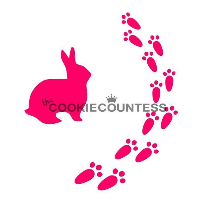 Bunny prints Stencil. Overall stencil size is approximately 5.5" x 5.5". PINK sections in image are the open sections. Stencils are 5mil Food Grade plastic, washable and reusable.