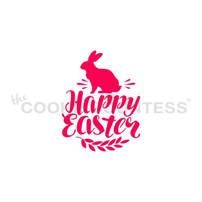 Happy Easter with Bunny stencil.  Design size is 2.75" x 2.13"  Overall stencil size is approximately 5.5" x 5.5". PINK sections in image are the open sections. Stencils are 5mil Food Grade plastic, washable and reusable.