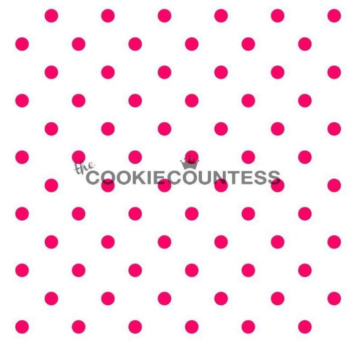 Small dots stencil. Each circle is 1/4" Overall stencil size is approximately 5.5" x 5.5". PINK sections in image are the open sections. Stencils are 5mil Food Grade plastic, washable and reusable.