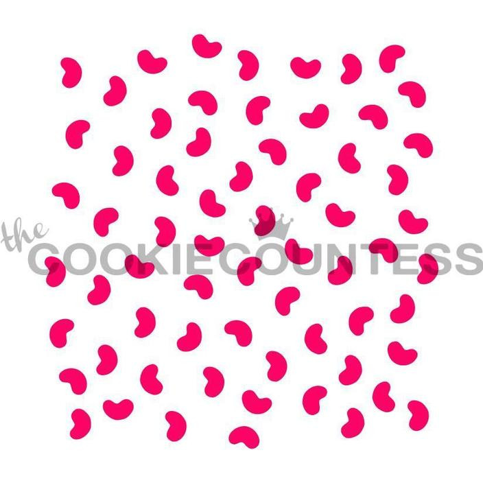 Small jelly beans Stencil. Overall stencil size is approximately 5.5" x 5.5". PINK sections in image are the open sections. Stencils are 5mil Food Grade plastic, washable and reusable.