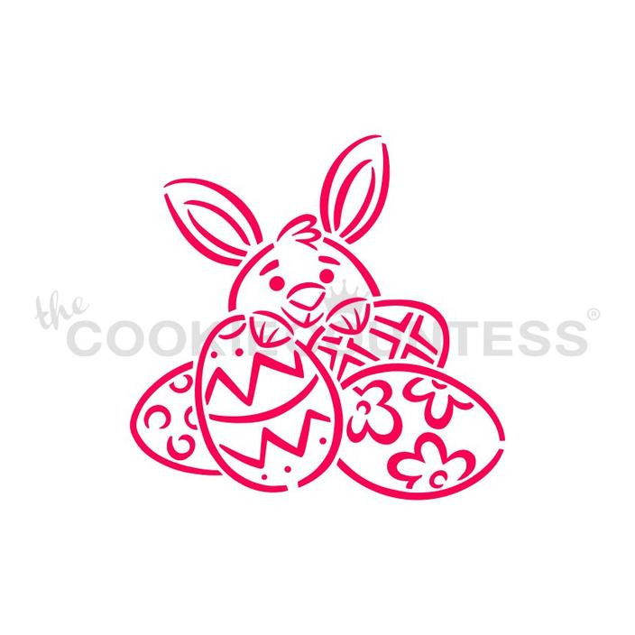 Designed by the talented Drawn with Character - Bunny Behind Eggs stencil.  Design size is 3.25" x 3.16"  Use as a Paint your Own stencil, or as it's own design! Overall stencil size is approximately 5.5" x 5.5". PINK sections in image are the open sections. Stencils are 5mil Food Grade plastic, washable and reusable.