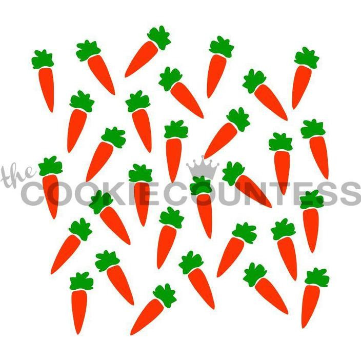 2 piece carrot stencil set.  Overall stencil size is approximately 5.5" x 5.5". PINK sections in image are the open sections. Stencils are 5mil Food Grade plastic, washable and reusable.