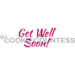 Get Well Soon! stencil. Design size is 2.75 x 1.5". Overall stencil is approximately 5.5" x 5.5". PINK sections in image are the open sections. Stencils are 5mil Food Grade plastic, washable and reusable.