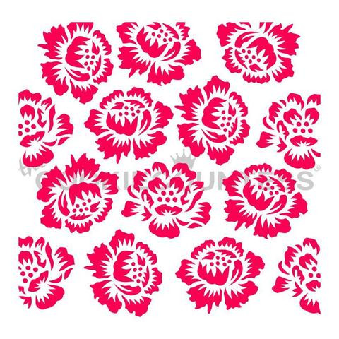 Overall stencil size is approximately 5.5" x 5.5".
PINK sections in image are the open sections.
Stencils are 5mil Food Grade plastic, washable and reusable.