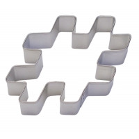 Tinplated steel cookie cutter.  Hand wash & dry thoroughly before storing.