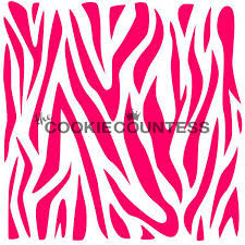 Zebra stencil. Overall stencil size is approximately 5.5" x 5.5". PINK sections in image are the open sections. Stencils are 5mil Food Grade plastic, washable and reusable.