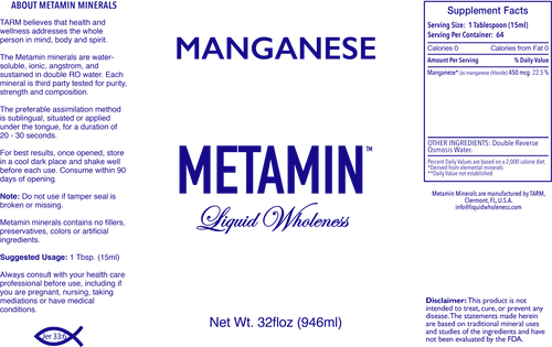 Metamin Manganese, Ionic Angstrom Liquid Minerals, available in 16, 32, or 128 oz sizes