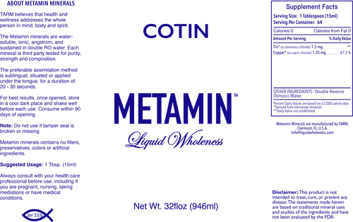 Metamin CoTin, ionic angstrom liquid minerals, is also available in 16, 32 or 128 oz sizes.