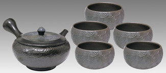 Tokoname Kyusu Teaset - JUSEN - Glaze Ripple 1pot & 5chawan cups - Set Image