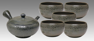 Tokoname Kyusu Teaset - JUSEN - Glaze Foaming 1pot & 5chawan cups - Set Image