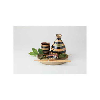 Sake Bottle & Cup Set - Koma Stripe - Japanese Hasami Porcelain
