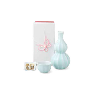 Sake Bottle & Cup Set - Kotobuki Fortune White - Japanese Arita-yaki porcelain w box