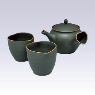 Tokoname Kyusu Teaset - GYOKKO - Ebony Hearts - 300cc/ml - 1pot & 2yunomi cups